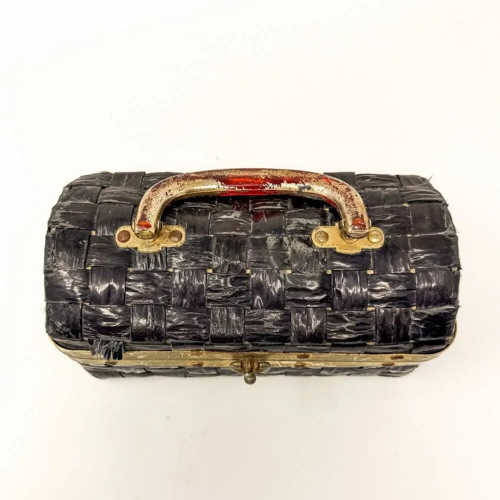 Vintage Woven Plastic Raffia Box Purse Black Gold Lucite Handle Jewelry Case